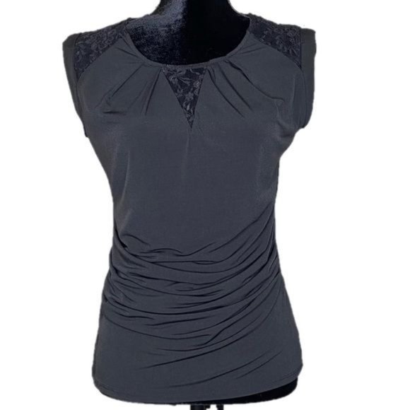 New York & Company Tops - 7TH Avenue Black Solid & Lace Rushed Blouse Sz S